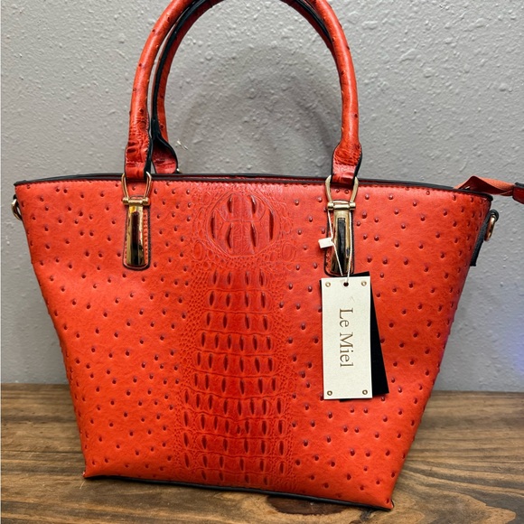Le Miel Handbags - Brand New Le Miel Orange Handbag PETA approved Vegan.  Alligator / Ostrich print